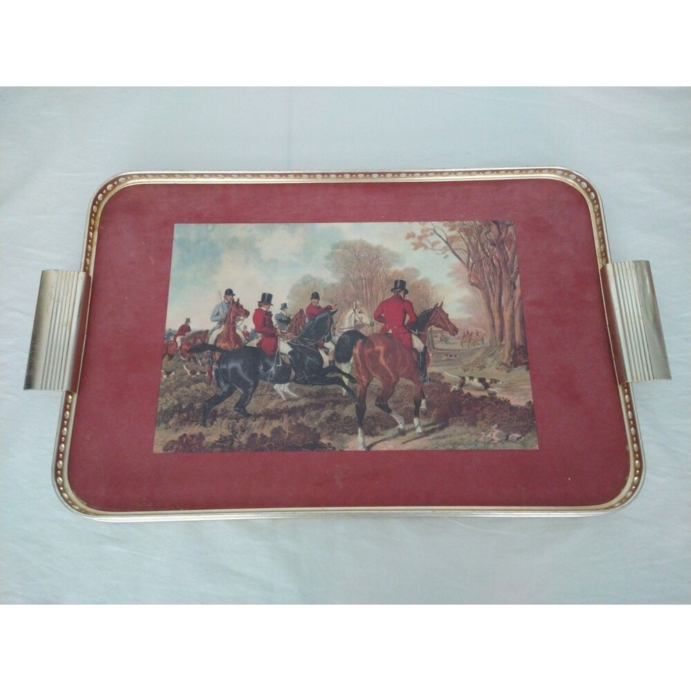 VTG Wood Serving Tray English Fox Hunt Scene Equestrian Hound Horse Pimpernel